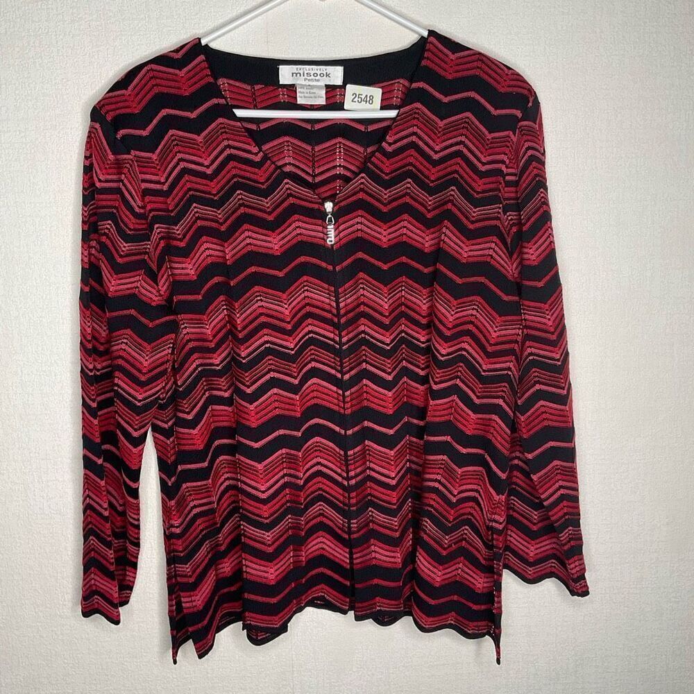 Misook Womens Cardigan Black Pink Red zip front chevron scalloped hem size L‎